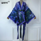 WINYI Summer Beach Wear Cover Up Lady Boho Cardigan Printing Elegant Silky and Skin-Friendly Sexy Holiday Kimono Maxi Dress - Matrix Studios