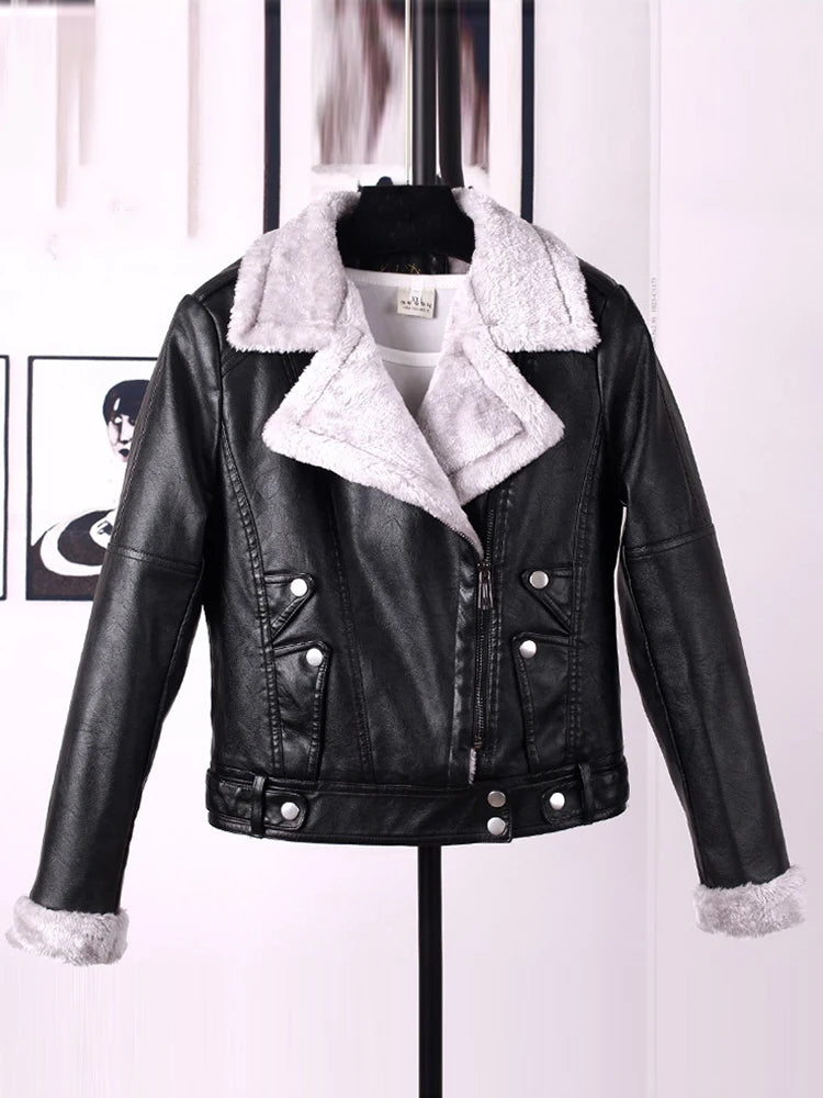 Women Casual Faux PU Leather Jacket Faux Fur Moto Bike Jackets Coat Fashion Streetwear Autumn Winter Basic Female Outerwear 2026 - Matrix Studios