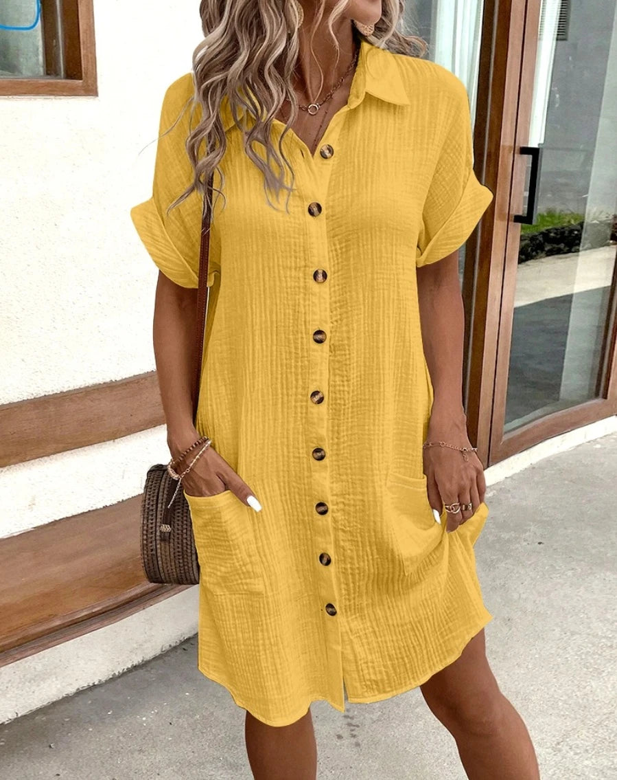 Vintage Women Solid Mini Dress Summer Fashion V-neck Three Quater Sleeve Cotton Linen Dress Ladies Casual Holiday Vestidos - Matrix-studios.com