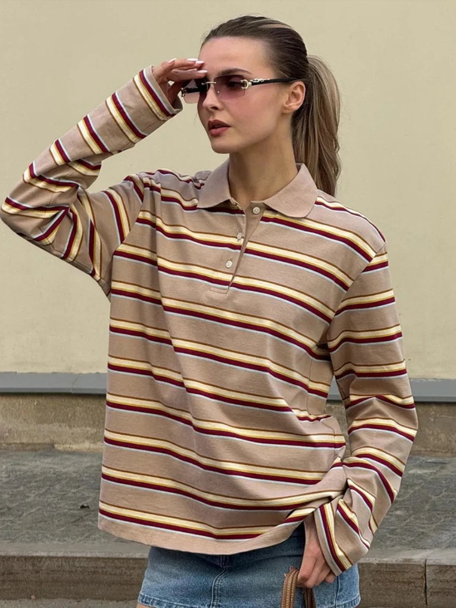 Wolfeel  Women's Vintage Inspired Retro Striped Polo Collar Oversized Drop Shoulder Long Sleeve  T-Shirt Trendy  Casual Top - Matrix-studios.com