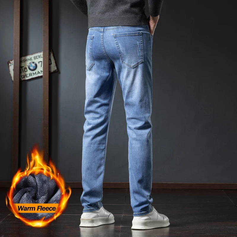 2025 Winter Fleece Jeans Men's Fashion Elastic Slim Straight Warm Trousers Thicken Business Casual Korean Thermal Denim Pants - Matrix Studios
