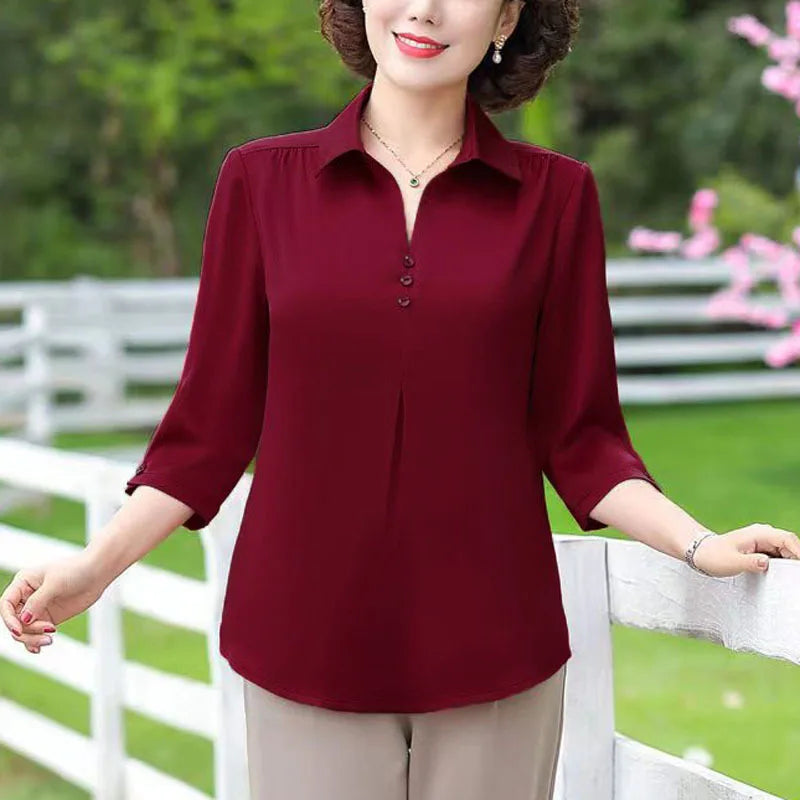 1pcs Woman Summer Solid Blouses Shirt Lady Thin Pullover Shirt Female Casual Half Sleeve Turn-down Collar Loose Top Mom Clothing - Matrix-studios.com
