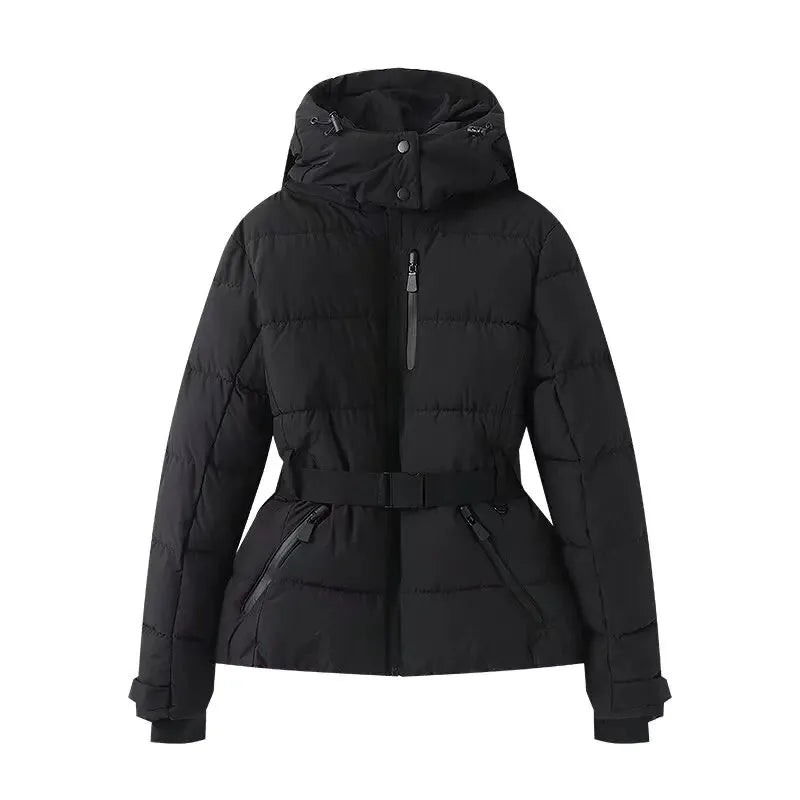 Women's Winter Hooded High Waist Padded Sport Parkas Coats with Belt Female Elegant Thick Warm Pockets Windproof Skiing Jackets - Matrix-studios.com