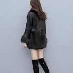 Chic Leather Jacket Women's Overcoat 2024 Autumn Winter New Faux Fox Fur Mid-Length PU Leather Stitching Thick Warm Coat Outwear - Matrix Studios