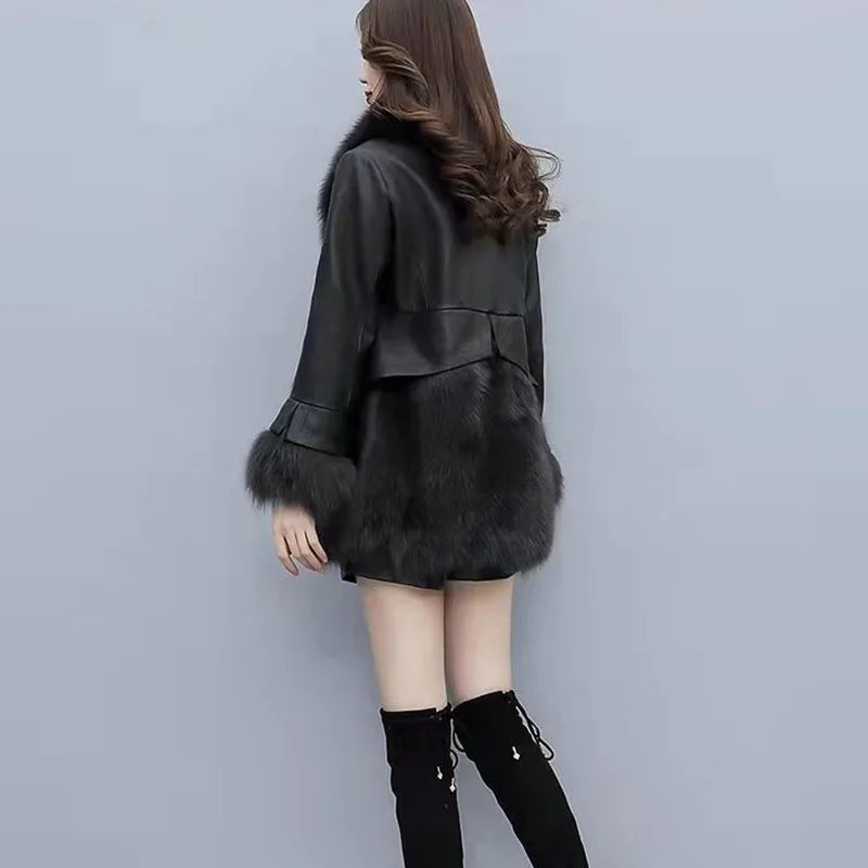 Chic Leather Jacket Women's Overcoat 2024 Autumn Winter New Faux Fox Fur Mid-Length PU Leather Stitching Thick Warm Coat Outwear - Matrix Studios