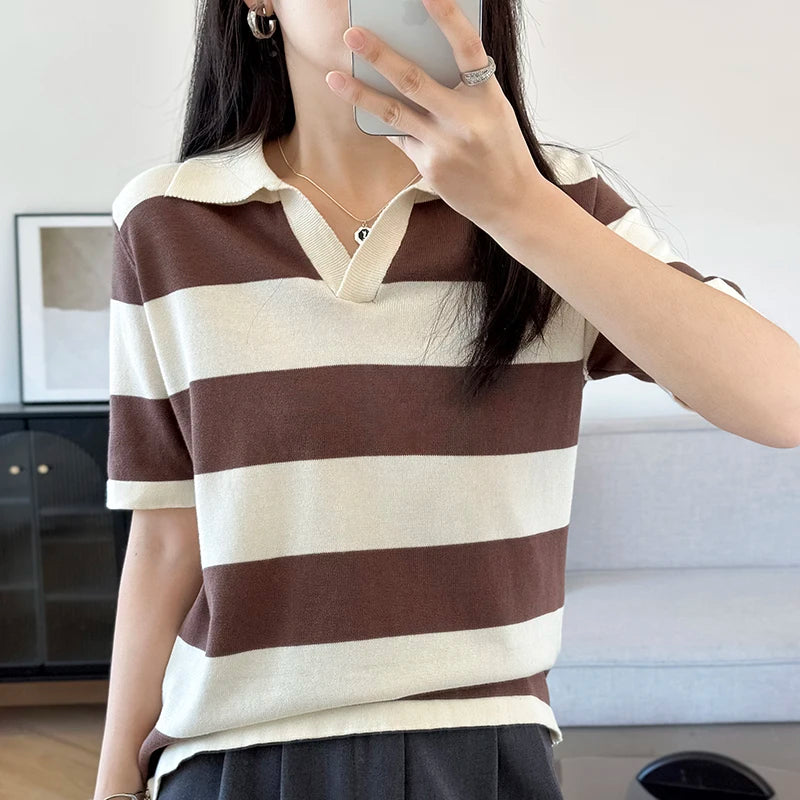 WinvyNee Summer Half Sleeved Women's Solid Polo Shirt Casual Cotton Striped Top T-shirt Women Clothing Casual Knitted A1002022 - Matrix-studios.com