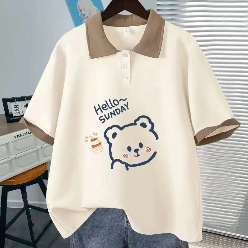 Fashion Polo Neck Short Sleeved T-shirt Cute Teddy Bear Loose Top Women Casual Tee - Matrix-studios.com