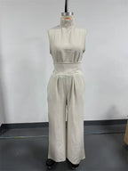 Women Summer Fashion Casual Loose Solid Suit Cotton Linen Set Sleeveless Tops Wide Leg Pants Office Ladies 2 Piece Sets 2026
