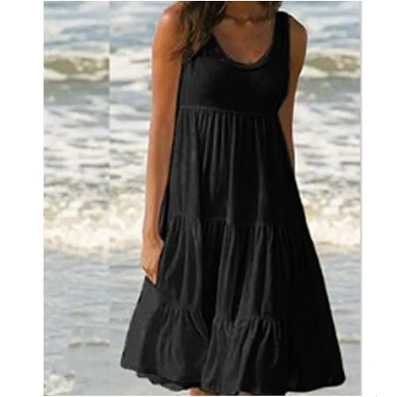 Bohemian Women's Casual O Neck Sleeveless Ruffle Mini Dress Solid Color Beach Tank Top Oversized Loose Dress Plus Size Women3029 - Matrix-studios.com