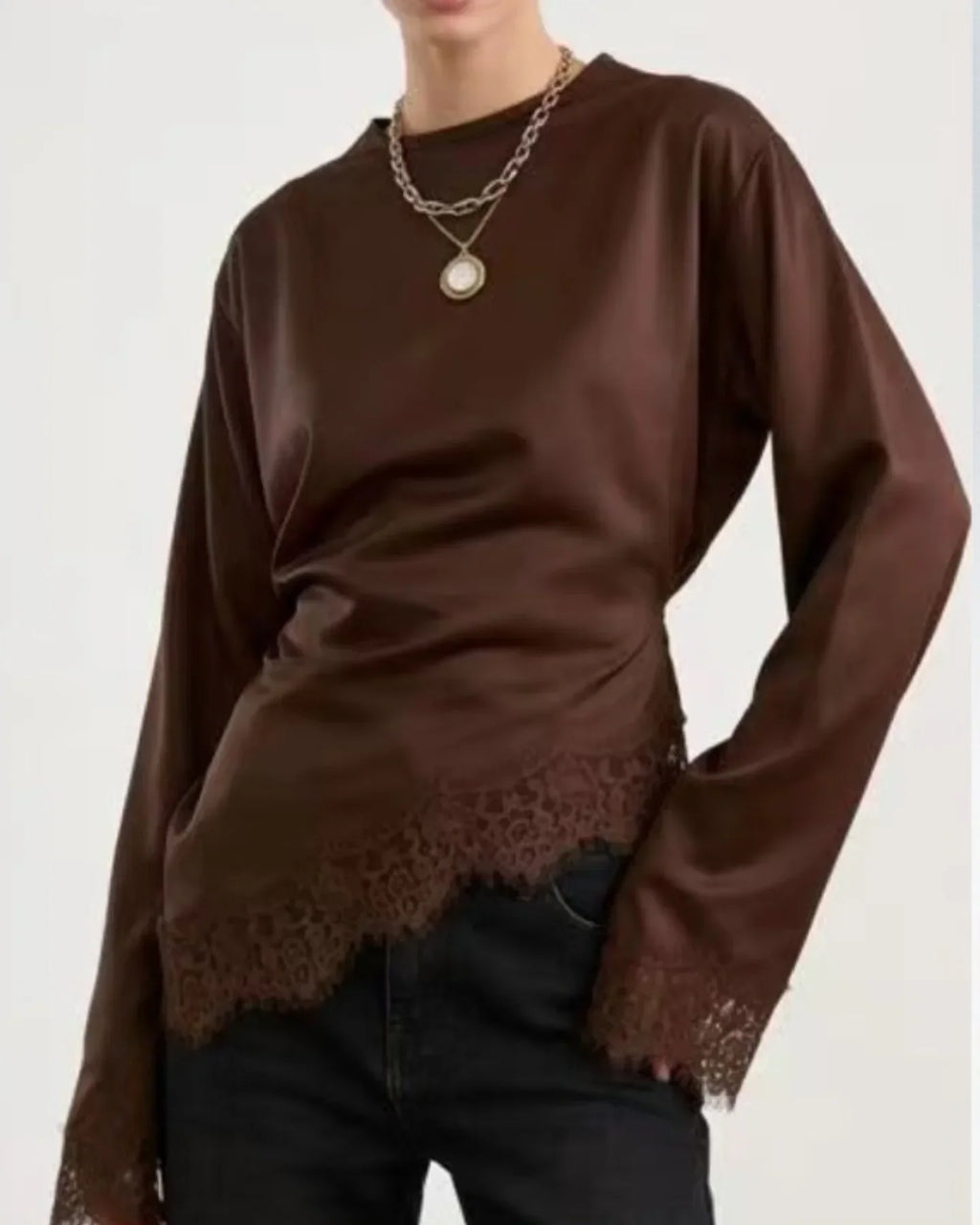 Elegant Patchwork Lace Women's Blouses Slim Lace Up O-neck Irregular Hem Female Top 2026 Spring Summer Lady All-matching Tops - Matrix-studios.com