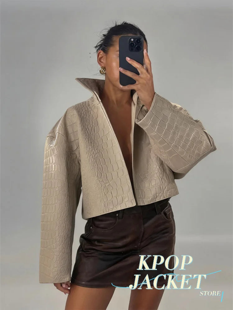 Women Cropped PU Leather Jacket Stand Collar Wide Flare Sleeve Asymmetrical Wrap Open Front Coat 2026 Autumn Chic Loose Jackets - Matrix Studios