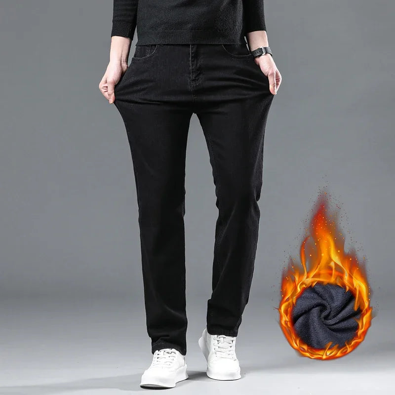 2025 New Winter Men Black Straight Stretch Denim Thick Velvet Pants Warm Jeans Casual Fleece Line Trousers Male Plus Size - Matrix Studios