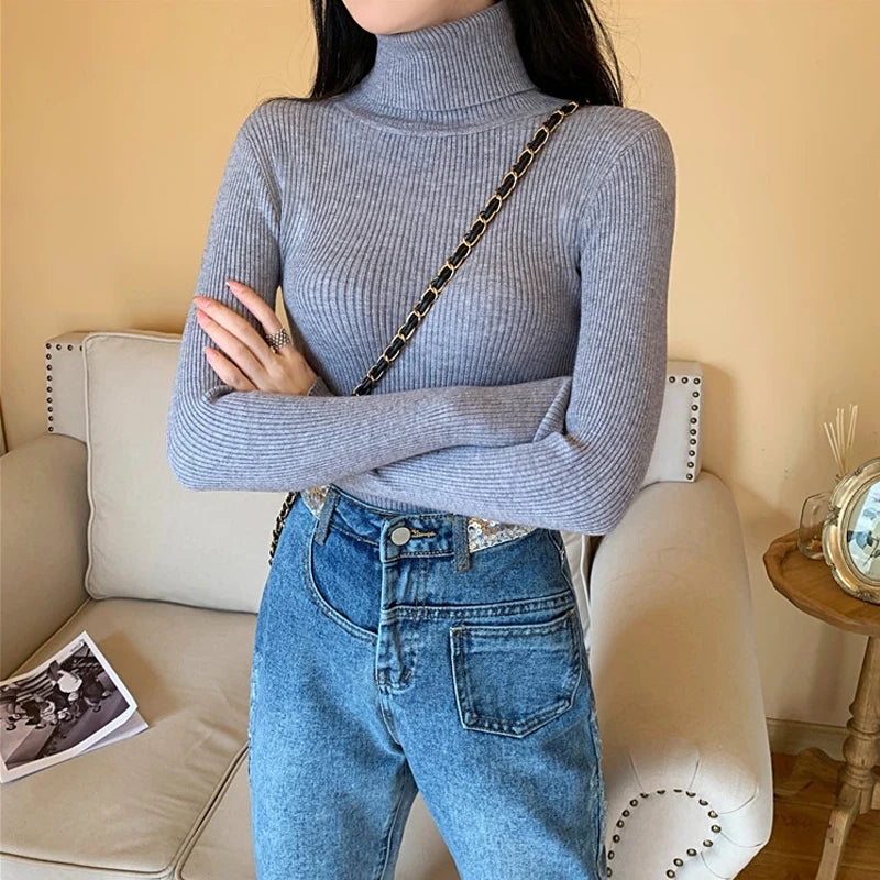 2026 Autumn Winter Women Long Sleeve Knitted Foldover Turtleneck Ribbed Pull Sweater Soft Warm Femme Jumper Pullover Clothes - Matrix Studios