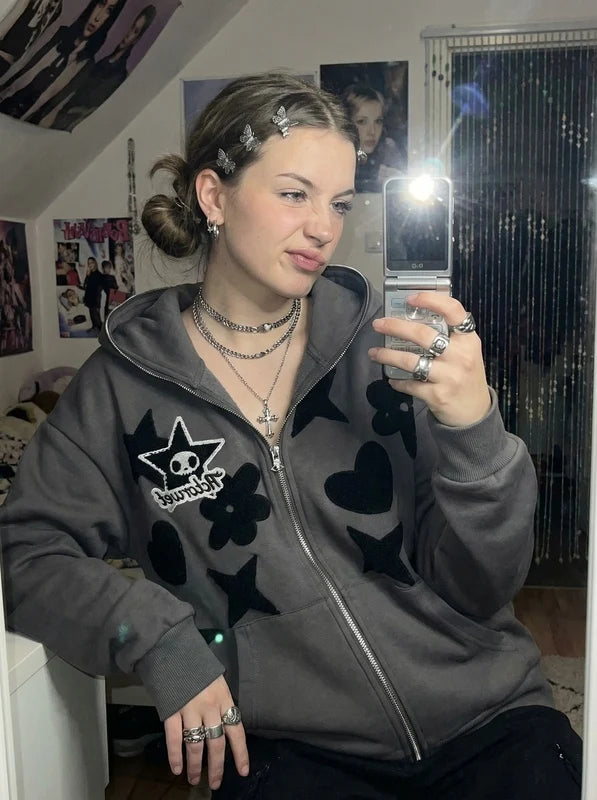 Women Retro Embroidery Hoodies Autumn Winter Zip Up Long Sleeve Loose Jacket Coats Y2k Harajuku Casual P - Matrix Studios