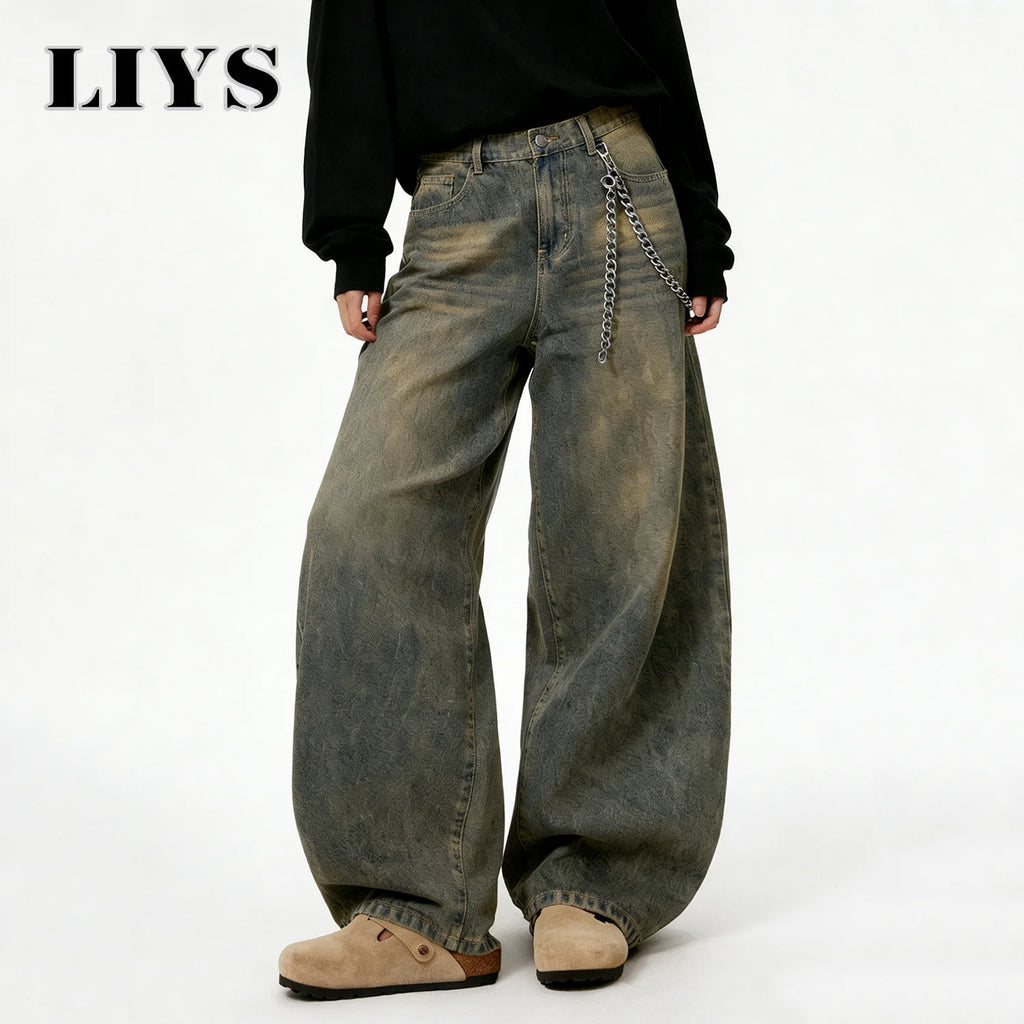 LIYS American Retro Baggy Wide Leg Jeans Men's Streetwear Distressed Y2K Clothing Casual Daily Four Seasons Denim Pants Unisex - Matrix Studios