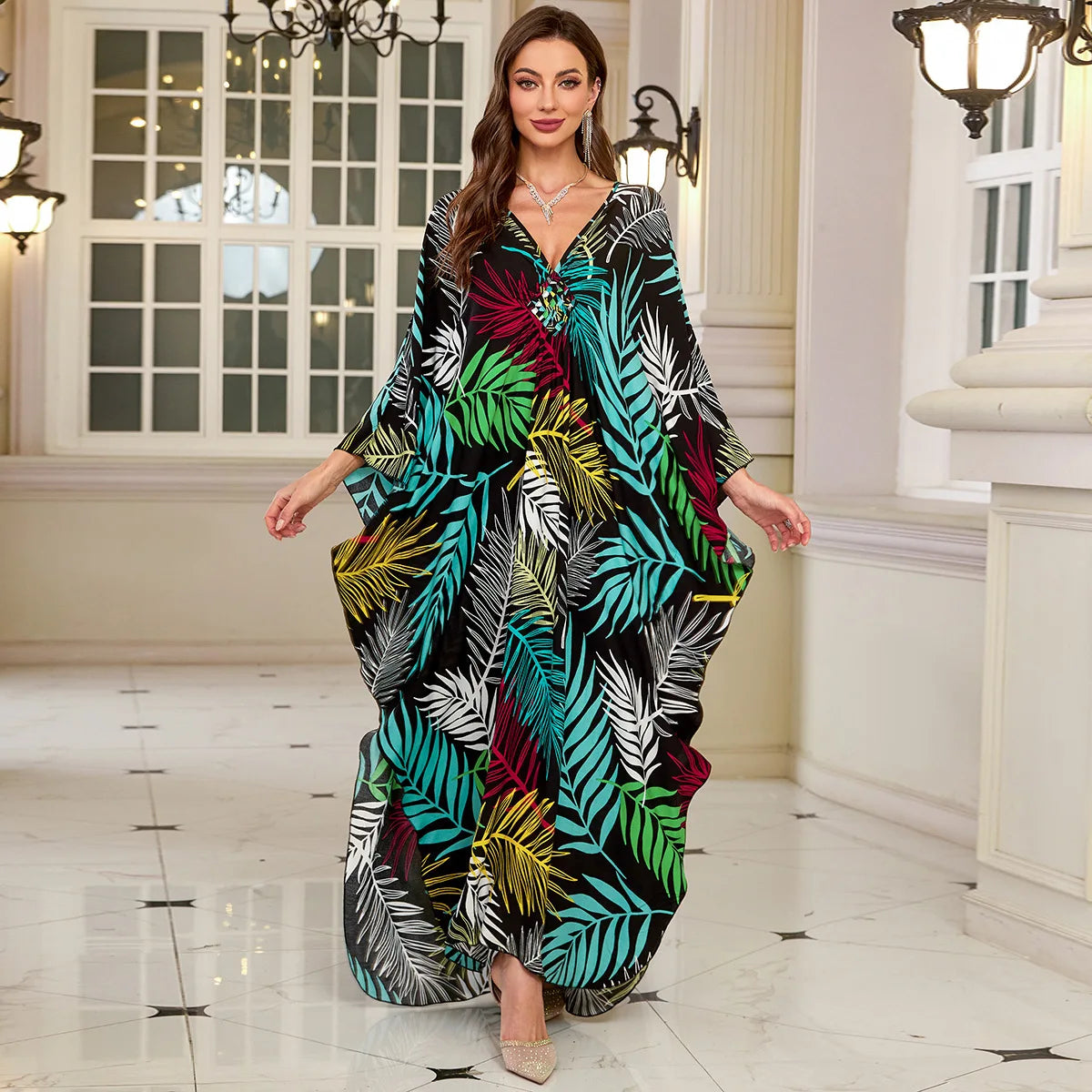 Kaftan Dresses for Women Wave Neck Swimsuit Cover Up Caftan Dress Plus Size Oversized Long Beach Dress - Matrix Studios