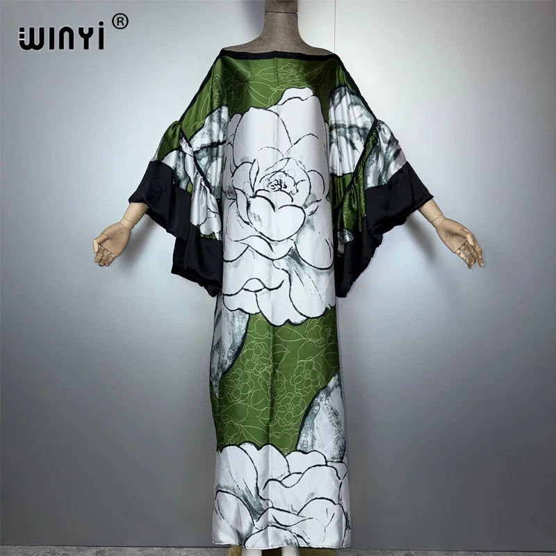 WINYI Summer Puff(ed) Sleeves Evening Dress Abaya Dubai Luxury Female Loose Print Kaftan Muslim Woman Clothing Beach Dress - Matrix-studios.com