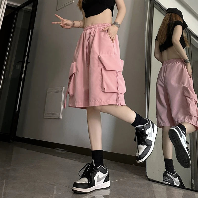 ZOKI Women High Waist Cargo Shorts American Style Streetwear Summer Wide Leg Pants Fashion Female Big Pocket Loose Shorts New - Matrix Studios