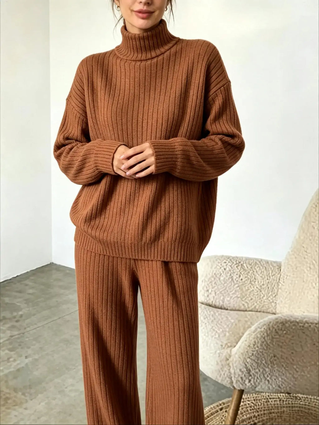 Women Turtleneck Knit 2 Piece Outfit Ribbed Long Sleeve Sweater Tops Wide Leg Pants Set Casual Loose Loungewear Tracksuit Daily Homewear