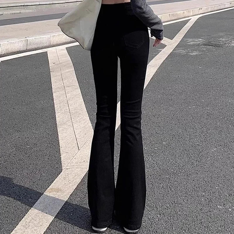 Woman American High Waist Slim Fit Bell Bottom Jeans Female Fashion Y2k Flare Pants Girls Elastic Designer Black Denim Trousers - Matrix-studios.com