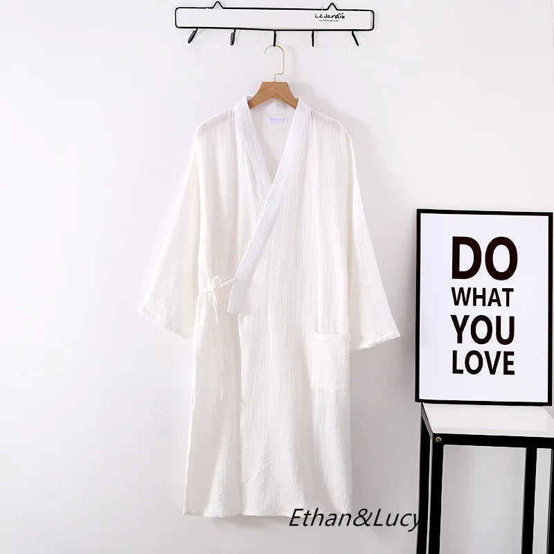 Couples Crepe Gauze Bathrobe Solid 100% Cotton Robe Long-sleeved V-neck Kimono Wedding Robes Sleepwear Plus Size Dressing Gown - Matrix-studios.com