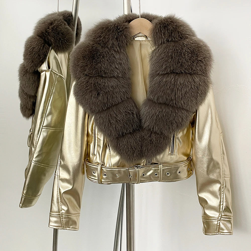 OFTBUY Natural Fox Fur Faux Leather Jacket Female New Autumn Short Top Clothing Women Long Sleeve Fake Leather Real Fur Coat - Matrix Studios
