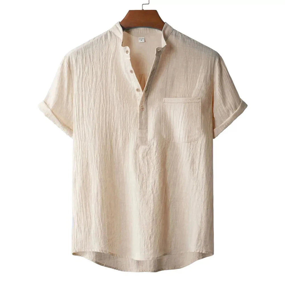 Men's Summer Cotton Linen T-shirt Beach Style Short SLeeve Henley Neck Vacation Hawaii Casual Lightweight Breathable Cozy Tops - Matrix Studios