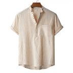 Men's Summer Cotton Linen T-shirt Beach Style Short SLeeve Henley Neck Vacation Hawaii Casual Lightweight Breathable Cozy Tops - Matrix Studios
