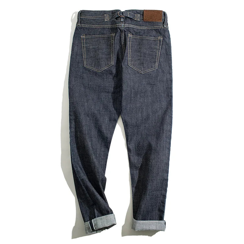 Maden Vintage 14oz Selvedge Raw Denim Jeans Horsehair Leather Patch Straight Fit Jeans Men's Spring and fall Paris Buckle Pants - Matrix Studios
