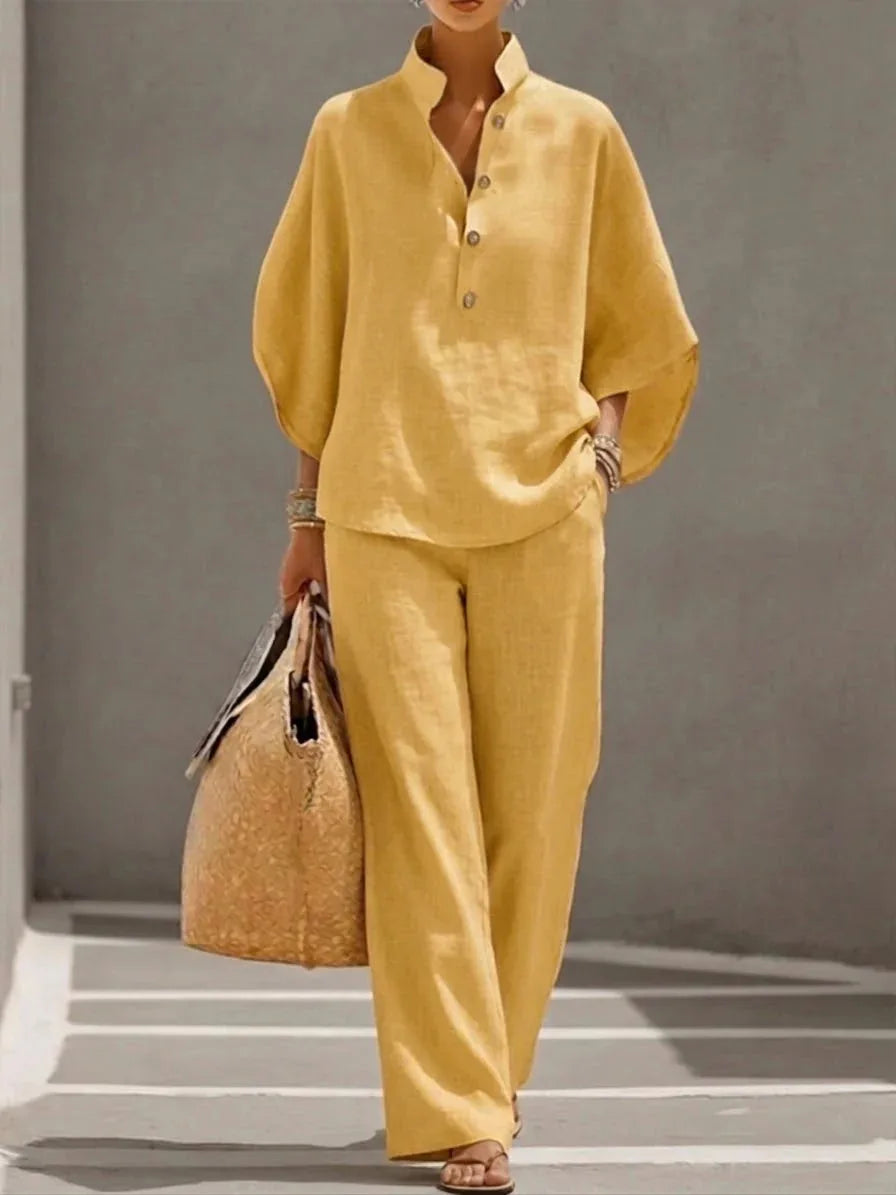 Fashion Cotton Linen  Pant Set  Women's Casual Stand Collar Button Top Wide Leg Trousers 2-piece Set Retro Female Office Suit - Matrix-studios.com