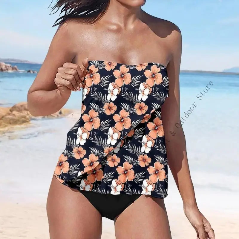 Strapless Tankini Swimsuits for Women 2 Piece Bathing Suits Bandeau Blouson Swim Top with Bottom - Matrix-studios.com