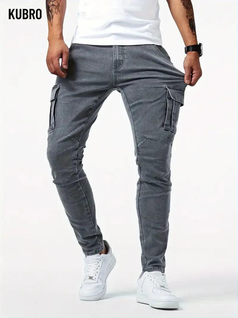 Street Elastic Jeans Men Denim Cargo Pants Wash Solid Color Multi Pockets Casual Mid Waist Trousers Slim Fit Daily Wear Joggers - Matrix Studios