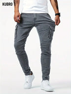 Street Elastic Jeans Men Denim Cargo Pants Wash Solid Color Multi Pockets Casual Mid Waist Trousers Slim Fit Daily Wear Joggers - Matrix Studios