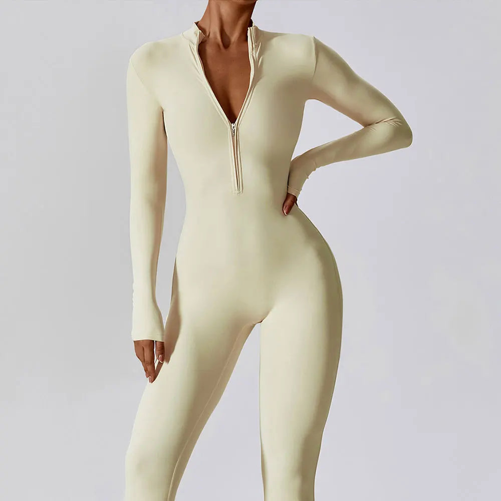 Yoga Boilersuit Long Sleeved Women's Sportswear Gym Zipper Jumpsuits Workout High-intensity Fitness One-piece Skin-tight Garment - Matrix-studios.com