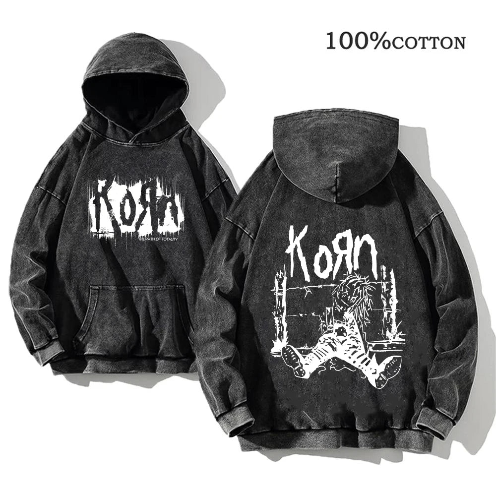 Korn Rock Band World Tour Hoodies Vintage Washed Men's Sweatshirts Cotton Hip Hop Streetwear Hooded Pullover Loose Y2K Tops - Matrix Studios