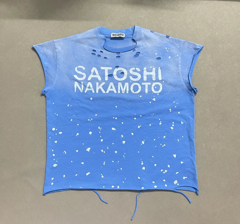 Summer SATOSHI Waistcoat Blue Splash Ink Destruction Sleeveless Tank Top Retro Fading Letter Tshirt Men Women Vest Streetwear - Matrix-studios.com