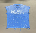 Summer SATOSHI Waistcoat Blue Splash Ink Destruction Sleeveless Tank Top Retro Fading Letter Tshirt Men Women Vest Streetwear - Matrix-studios.com