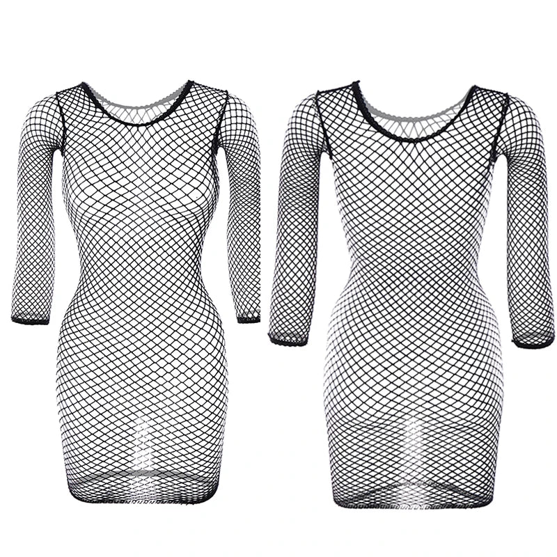 1PC Women Sexy Fishnet Beach Cover Up Long Sleeves Hollow Out Bodycon Dress See Through Summer Swimwear - Matrix Studios