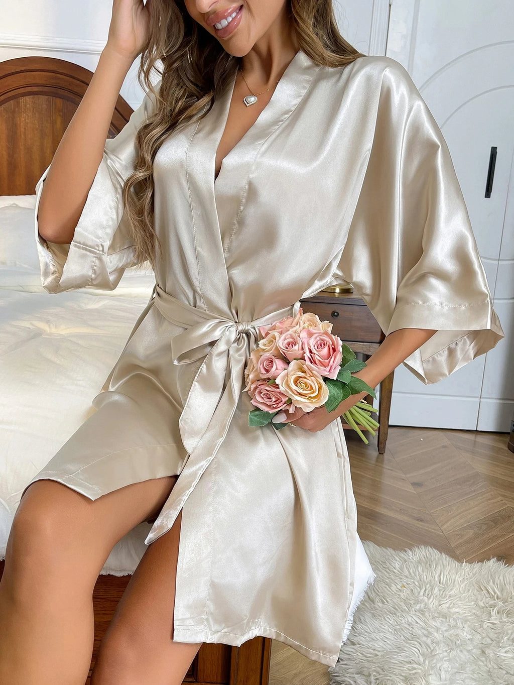 Sleep skirt spring summer new simple home dress sexy long silk cardigan bathrobe bathrobe woman - Matrix-studios.com