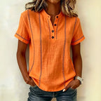 Elegant Women Blouse Shirt V Neck Button Patchwork Short Sleeve Shirts For Women Summer Striped Loose Tee Women Casual T-shirts - Matrix-studios.com
