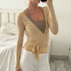 Women Cross Wrap Tie Crop Tops Yoga Shirts Long Sleeve Deep V Neck Solid Color Slim Fit Shirts Ladies Yoga Workout Blouses Tees - Matrix-studios.com