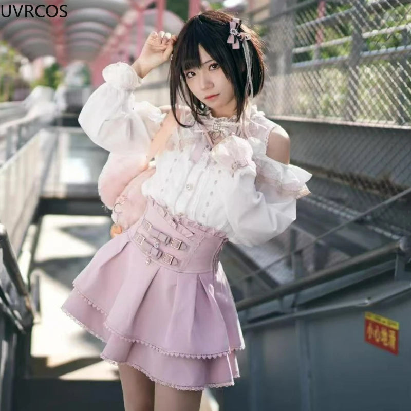 2026 Japanese Kawaii Short Skirt Sets Sweet Ruffles Off Shoulder Bow Shirt Gown Faldas Y2k Aesthetic Mini Skirts Lolita Full Set - Matrix-studios.com