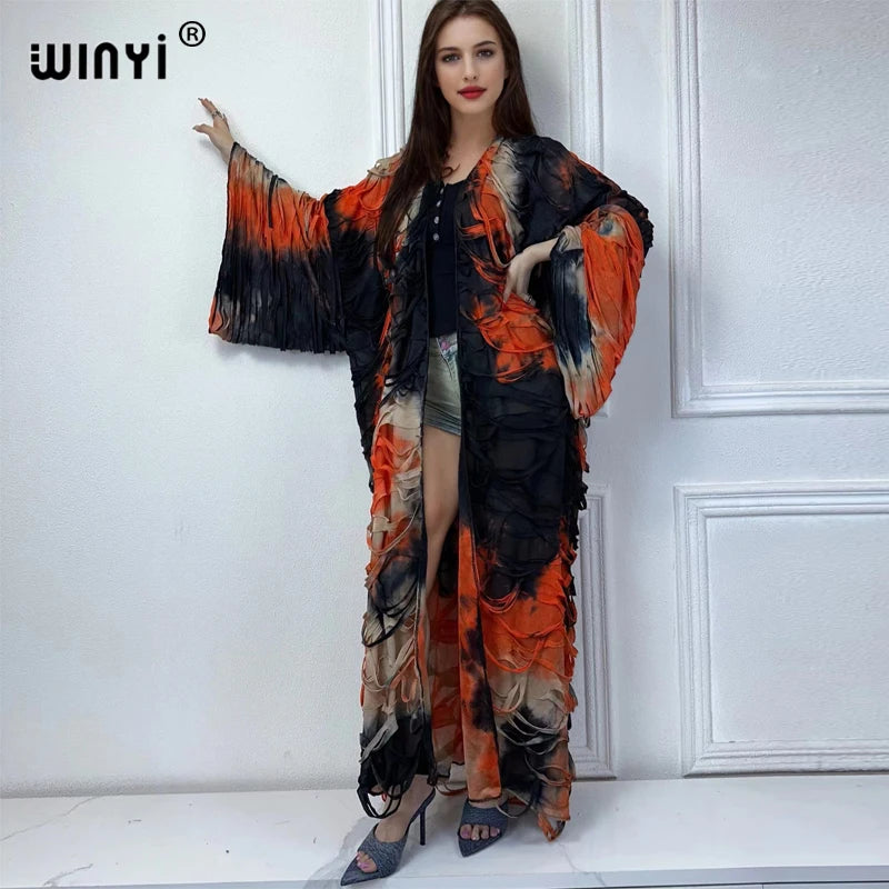 WINYI Summer Kimono Tie-Dyed Cardigan Elegant Bikini Cover-Up Cardigan Swimsuit Beach Outfits for Women Dress Fashion Kaftan - Matrix Studios