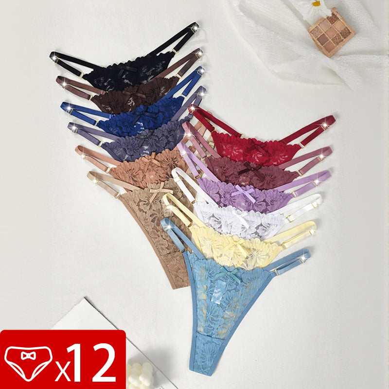 12pcs/Set Low Rise Sexy Women's G-string Breathable Comfortable Female Lingerie Erotic Elegant Lady Thongs Underwear Panties - Matrix Studios