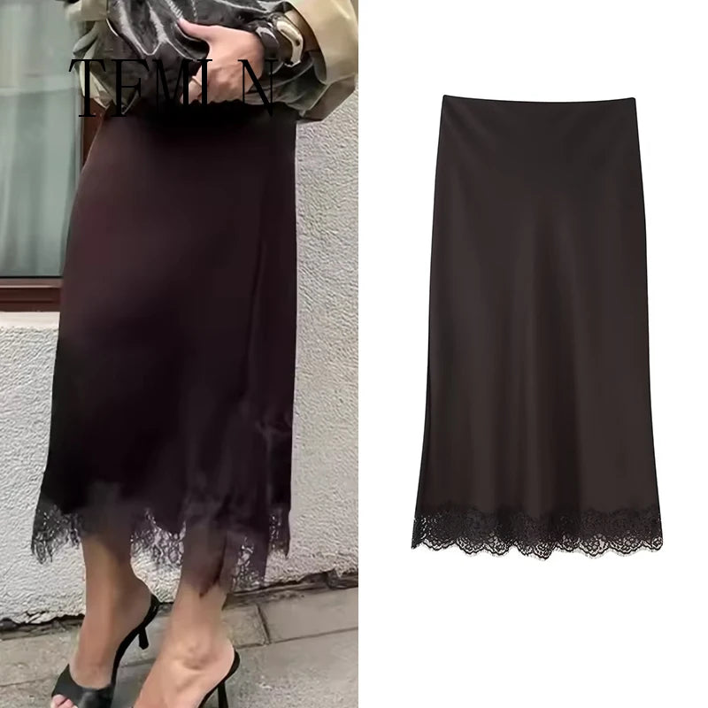 TFMLN Elegant Lace Splice Satin Half Skirt Women's Fashion Wrap Around Long Skirt High Quality Feel New 2025 Style - Matrix-studios.com