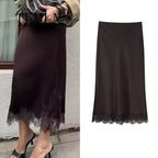 TFMLN Elegant Lace Splice Satin Half Skirt Women's Fashion Wrap Around Long Skirt High Quality Feel New 2025 Style - Matrix-studios.com