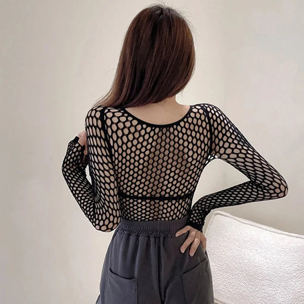 Womens Sexy Mesh Long Sleeve Fishnets Tops Fun Fashion Slim Fit Tops  Hollow Out See Through Loose Female T-shirts Crop soft Top - Matrix-studios.com