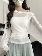 See Through Long Sleeve Oversize T Shirt Women Sexy Back Bandage Off Shoulder Top Female Basic Long Tees Korean Chic Lady New - Matrix-studios.com