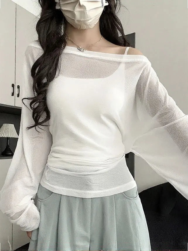 See Through Long Sleeve Oversize T Shirt Women Sexy Back Bandage Off Shoulder Top Female Basic Long Tees Korean Chic Lady New - Matrix-studios.com