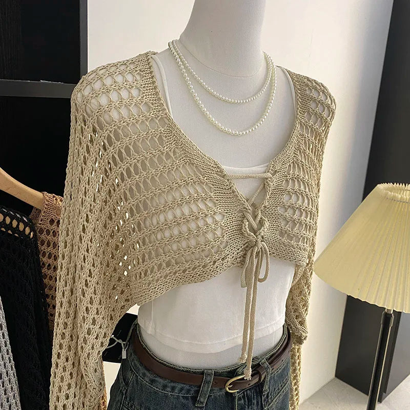 Crochet Crop Tie Front Cardigan Women Long Sleeve Sheer OpenKnit Bolero Shrug Top Summer Beach Bikini Cover Up Y2K Outfit - Matrix Studios